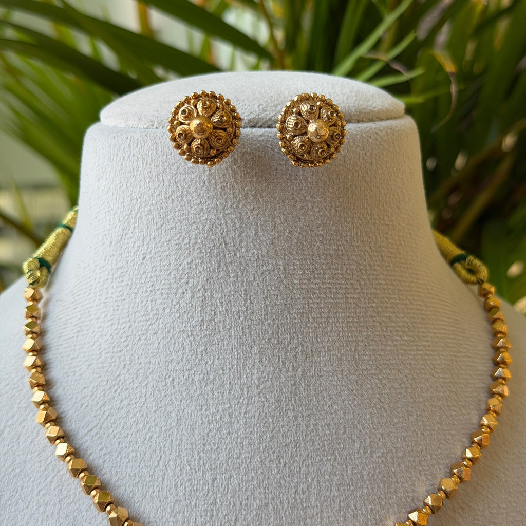 Antique Gold Ball Bead Necklace Set, Textured Gold Beads with Stone-Set Centre Bead & Round Stud Earrings AN493 (view 3)