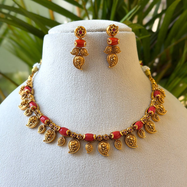 Coral & Antique Gold Mango Necklace Set – Red Coral Bead Necklace with Gold Mango Motifs & Coral Drop Earrings AN495