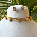 Antique Gold Lakshmi Coin Choker Necklace Set – Multi-Strand Bead Kasu Choker with Lakshmi Coin Stud Earrings AN499