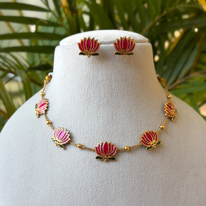 Pink Lotus Enamel Necklace Set – Antique Gold Chain with Pink Lotus Motifs & Lotus Stud Earrings AN501