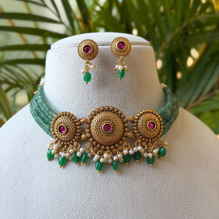 Green Bead Choker Necklace Set – Multi-Strand Green Beads with Ruby Gold Medallions, Green & Pearl Drops & Earrings AN503