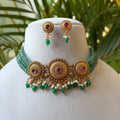 Green Bead Choker Necklace Set – Multi-Strand Green Beads with Ruby Gold Medallions, Green & Pearl Drops & Earrings AN503