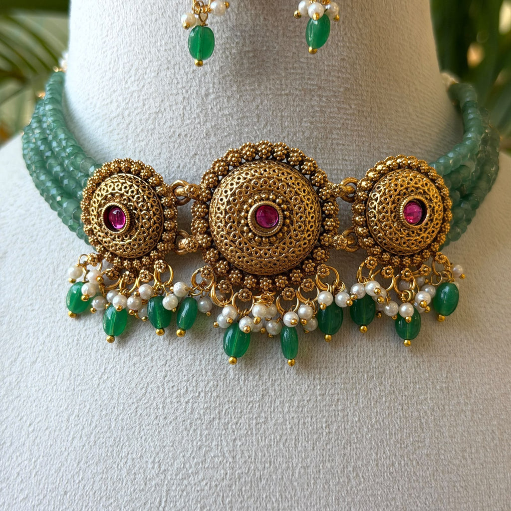 Green Bead Choker Necklace Set – Multi-Strand Green Beads with Ruby Gold Medallions, Green & Pearl Drops & Earrings AN503