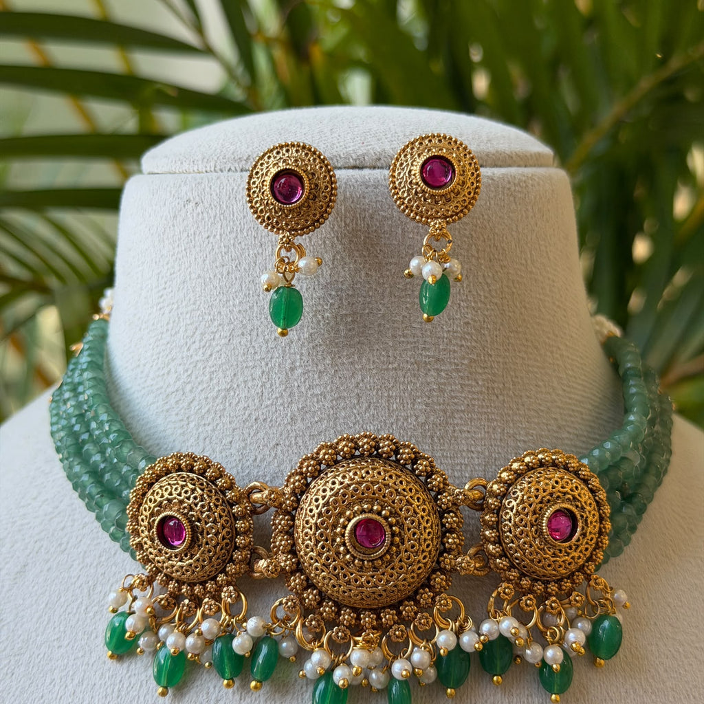 Green Bead Choker Necklace Set – Multi-Strand Green Beads with Ruby Gold Medallions, Green & Pearl Drops & Earrings AN503