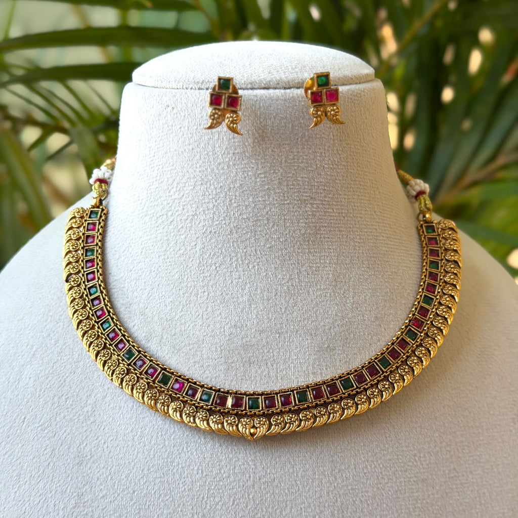 Ruby & Green Stone Hasli Necklace Set – Antique Gold Collar Necklace with Ruby Green Stud Earrings AN505