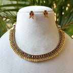 Ruby & Green Stone Hasli Necklace Set – Antique Gold Collar Necklace with Ruby Green Stud Earrings AN505