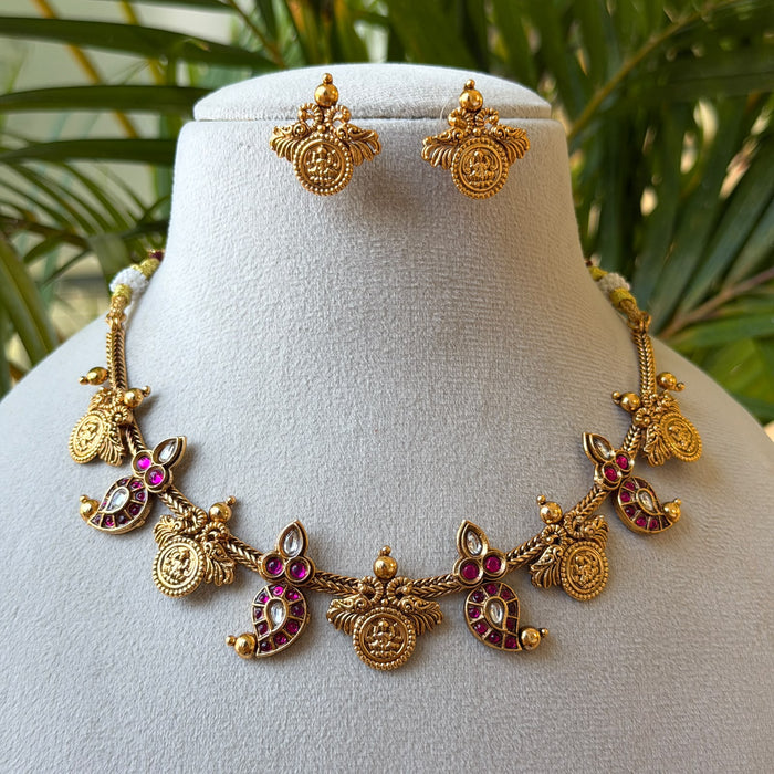Ruby Kemp Crescent & Lakshmi Coin Necklace Set – Antique Gold Temple Necklace with Earrings AN507