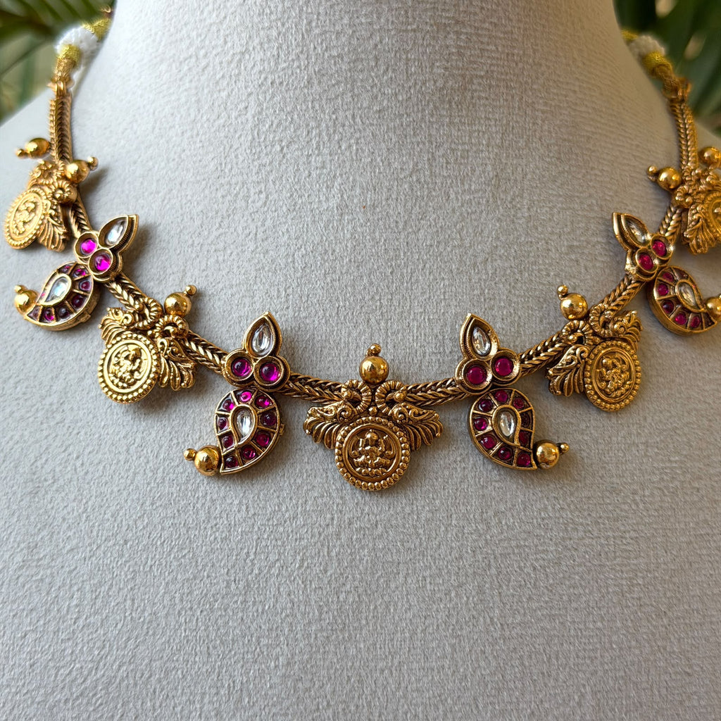 Ruby Kemp Crescent & Lakshmi Coin Necklace Set – Antique Gold Temple Necklace with Earrings AN507