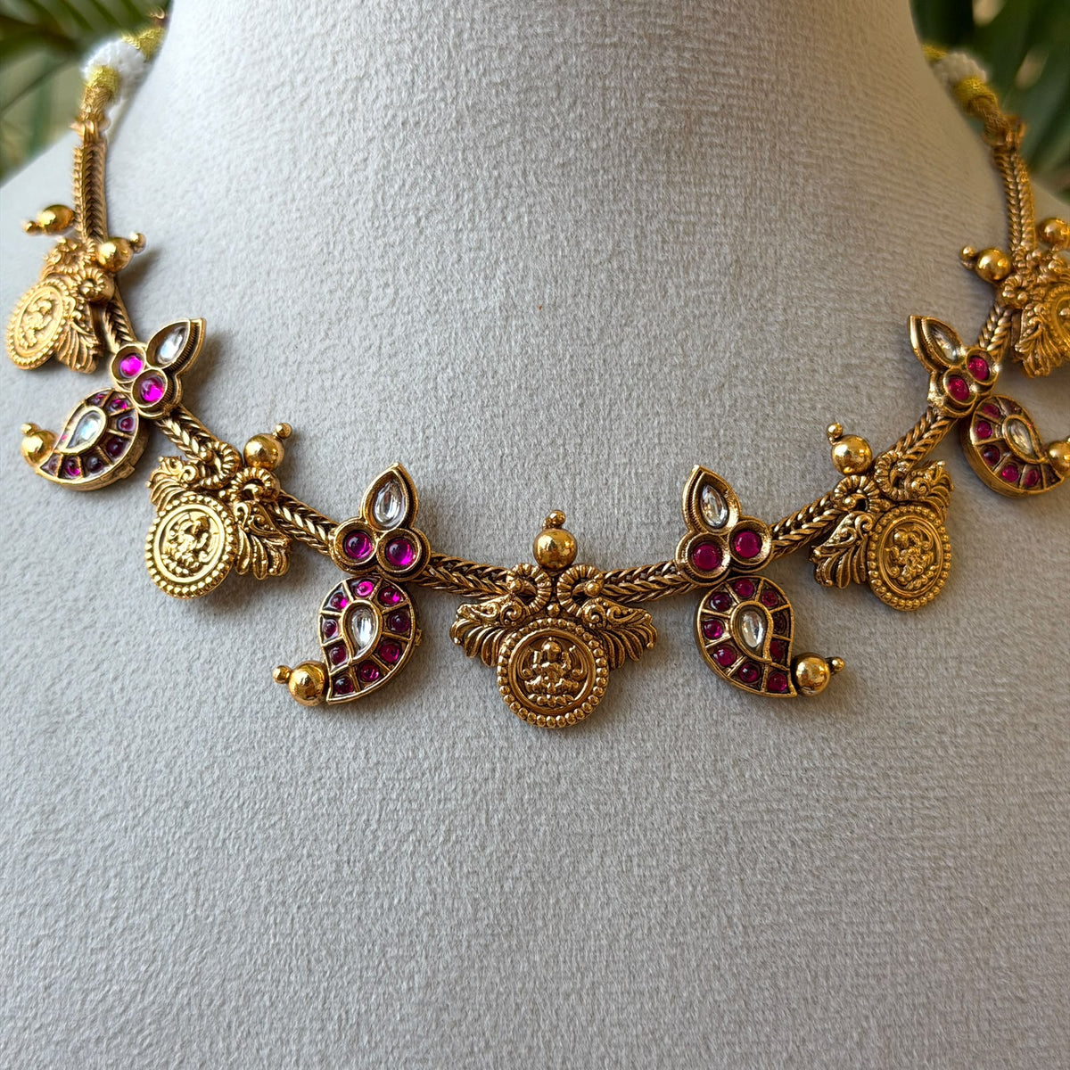 Ruby Kemp Crescent & Lakshmi Coin Necklace Set – Antique Gold Temple Necklace with Earrings AN507