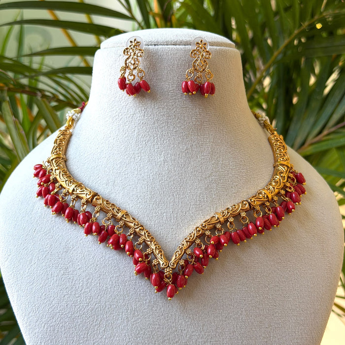 V-Shape Coral Bead Necklace Set – Antique Gold Necklace with Red Coral Fringe & Coral Drop Earrings AN509