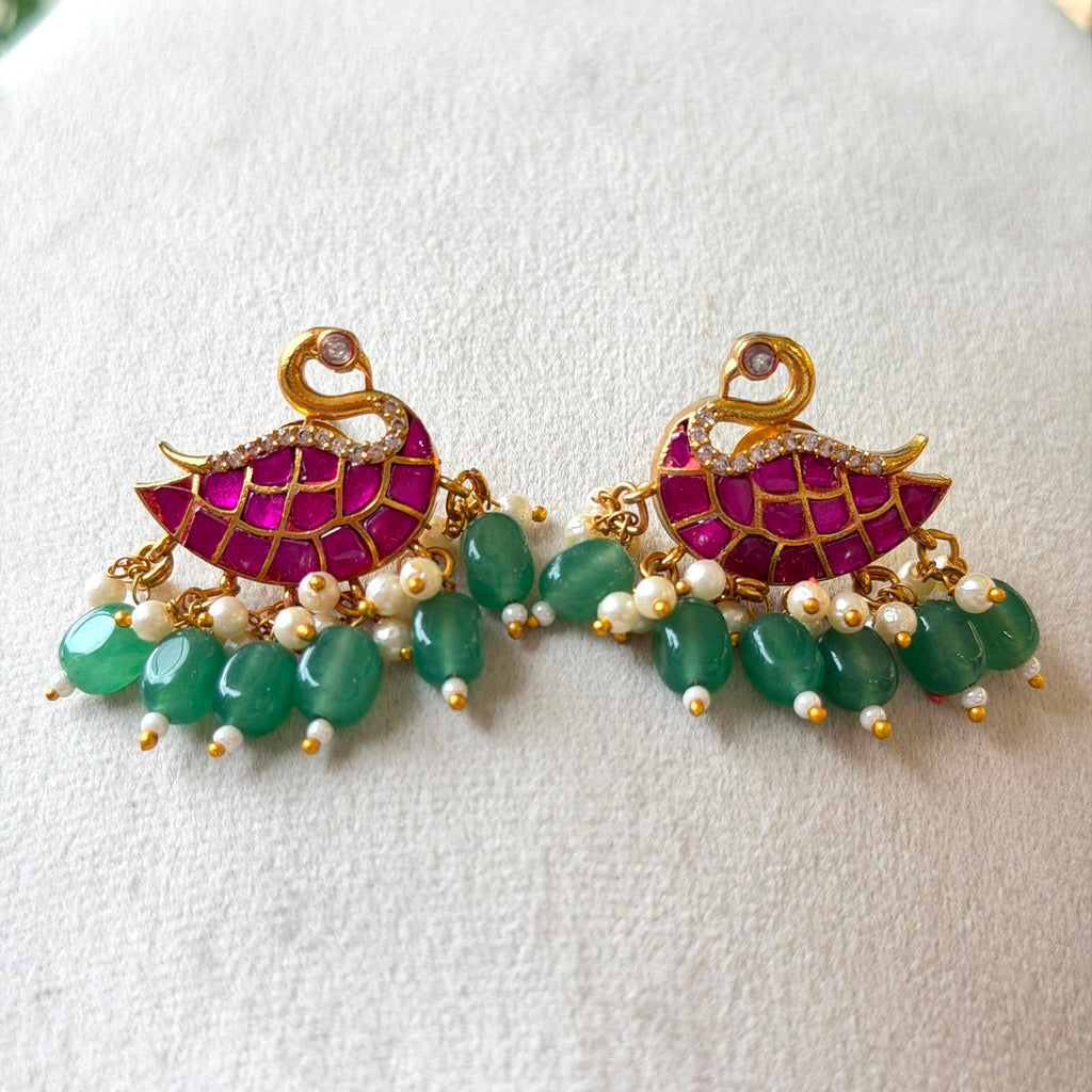Exquisite Jadau Kundan Swan Motif Earrings with Pink Stones & Green Bead Drops JE01