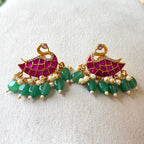 Exquisite Jadau Kundan Swan Motif Earrings with Pink Stones & Green Bead Drops JE01