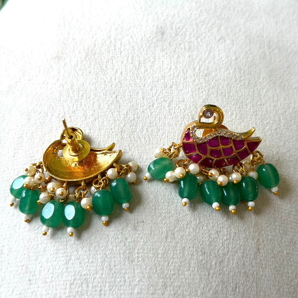 Exquisite Jadau Kundan Swan Motif Earrings with Pink Stones & Green Bead Drops JE01
