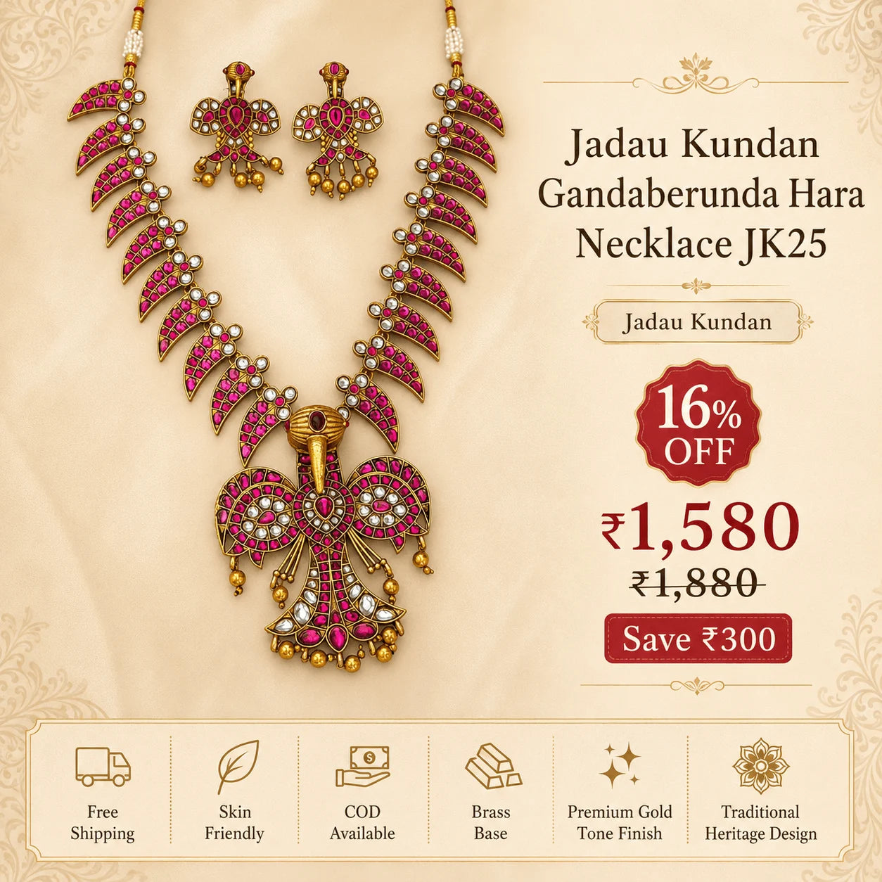 Jadau kundan Gandaberunda Hara Necklace JK25