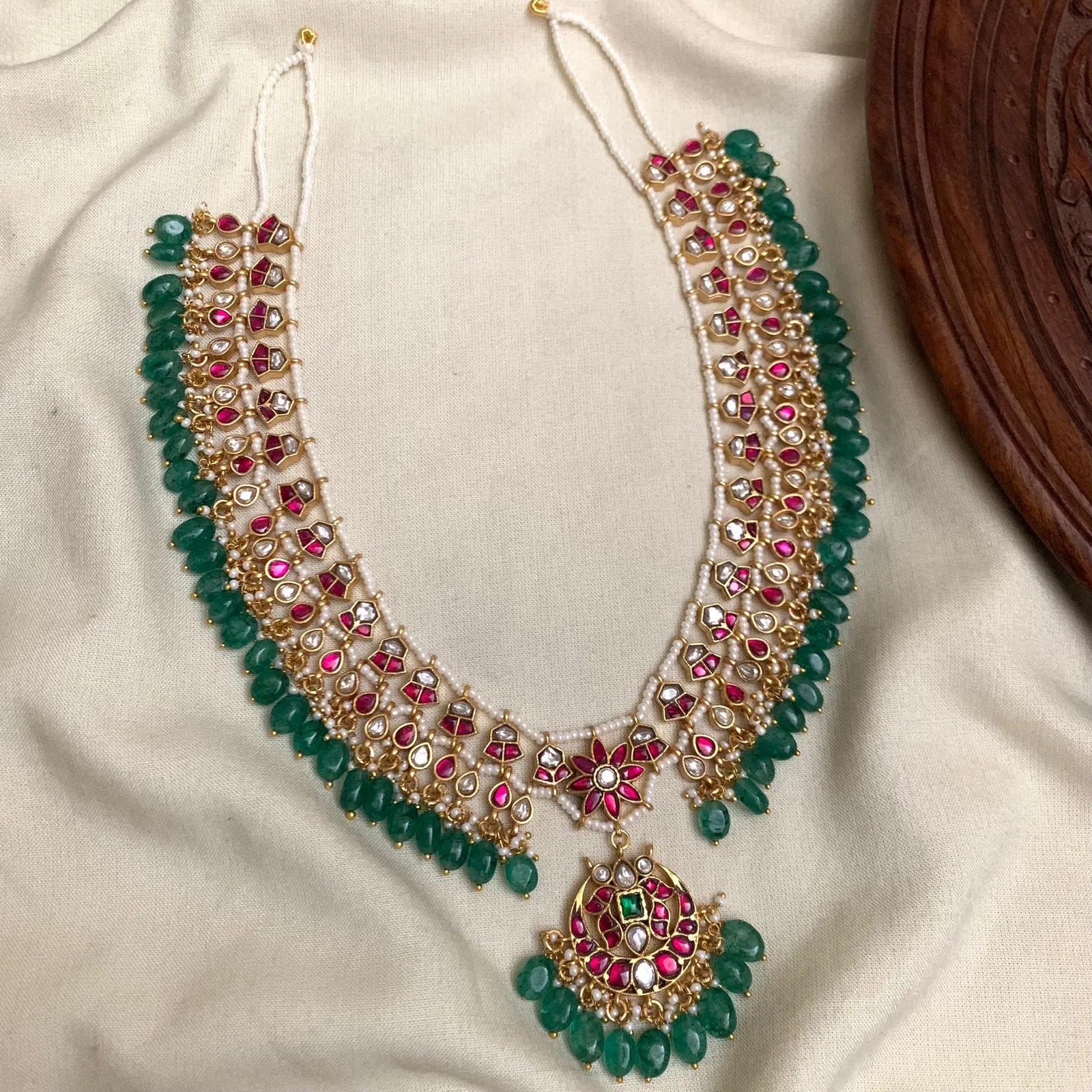 Grand Kempu Statement Choker with Floral Medallion and Seafoam Beads SL11