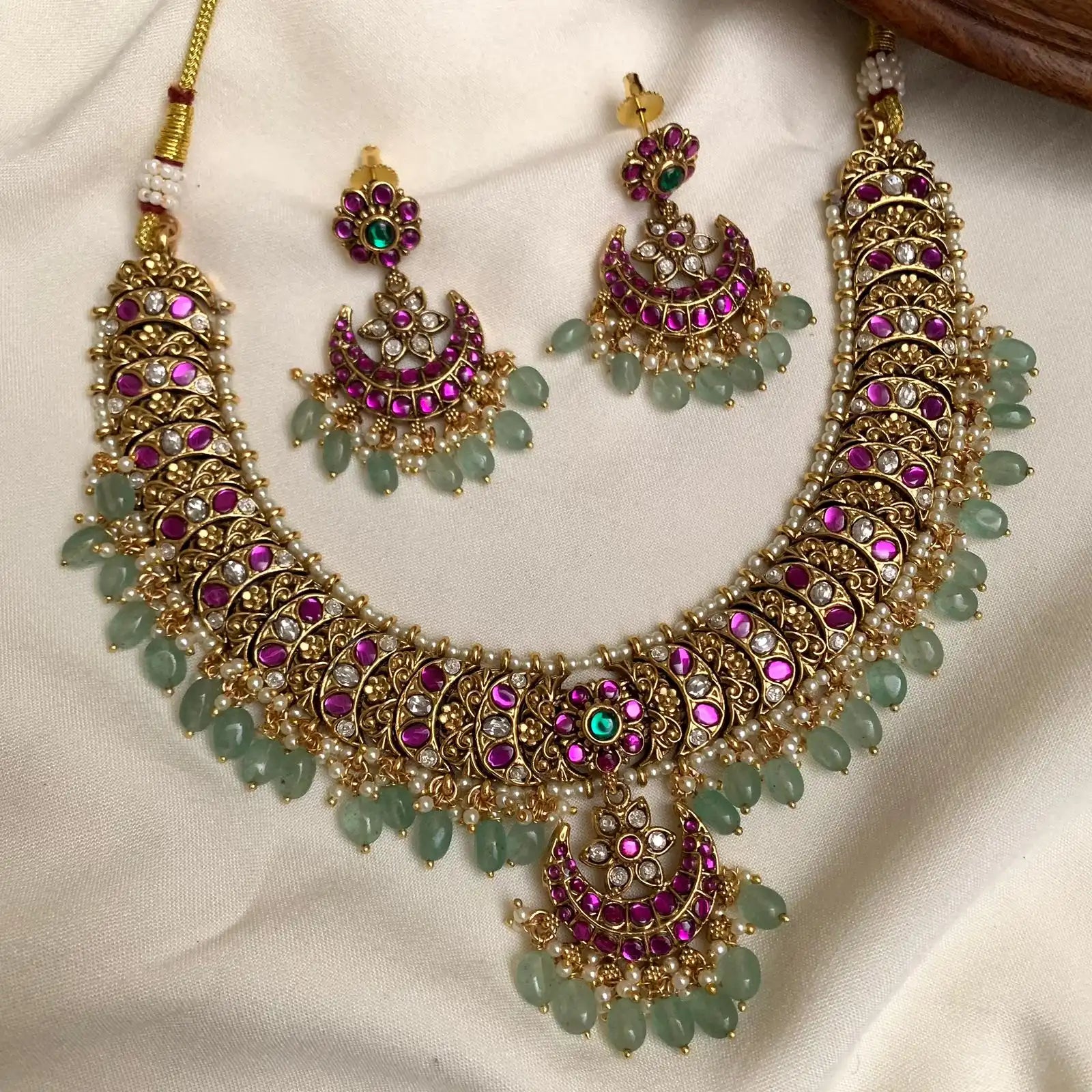 Traditional Kempu Mandala Choker with Pastel Green Bead Dangles