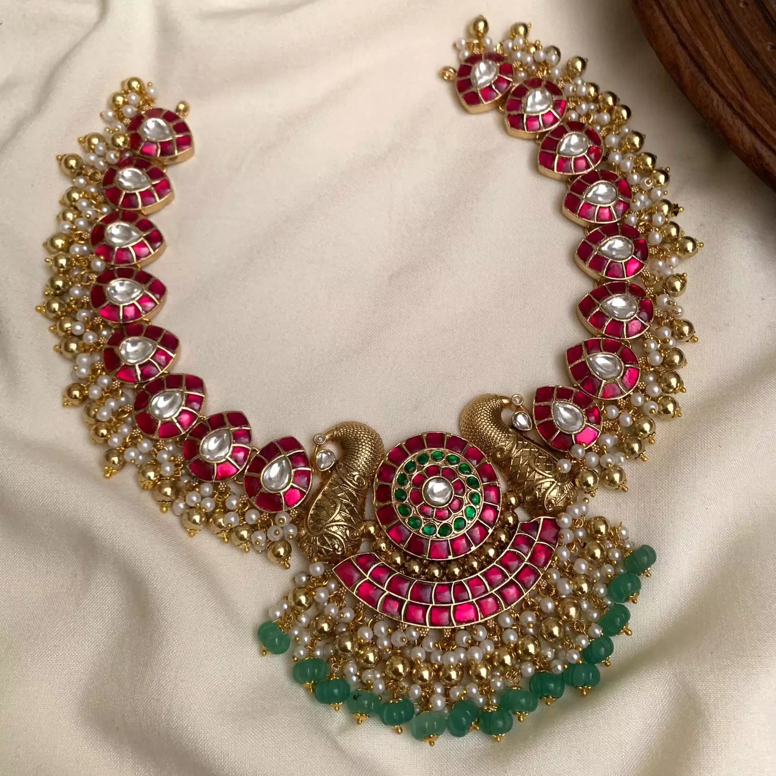 Traditional Kempu Floral Mandala Choker with Pastel Green Bead Drops SL7