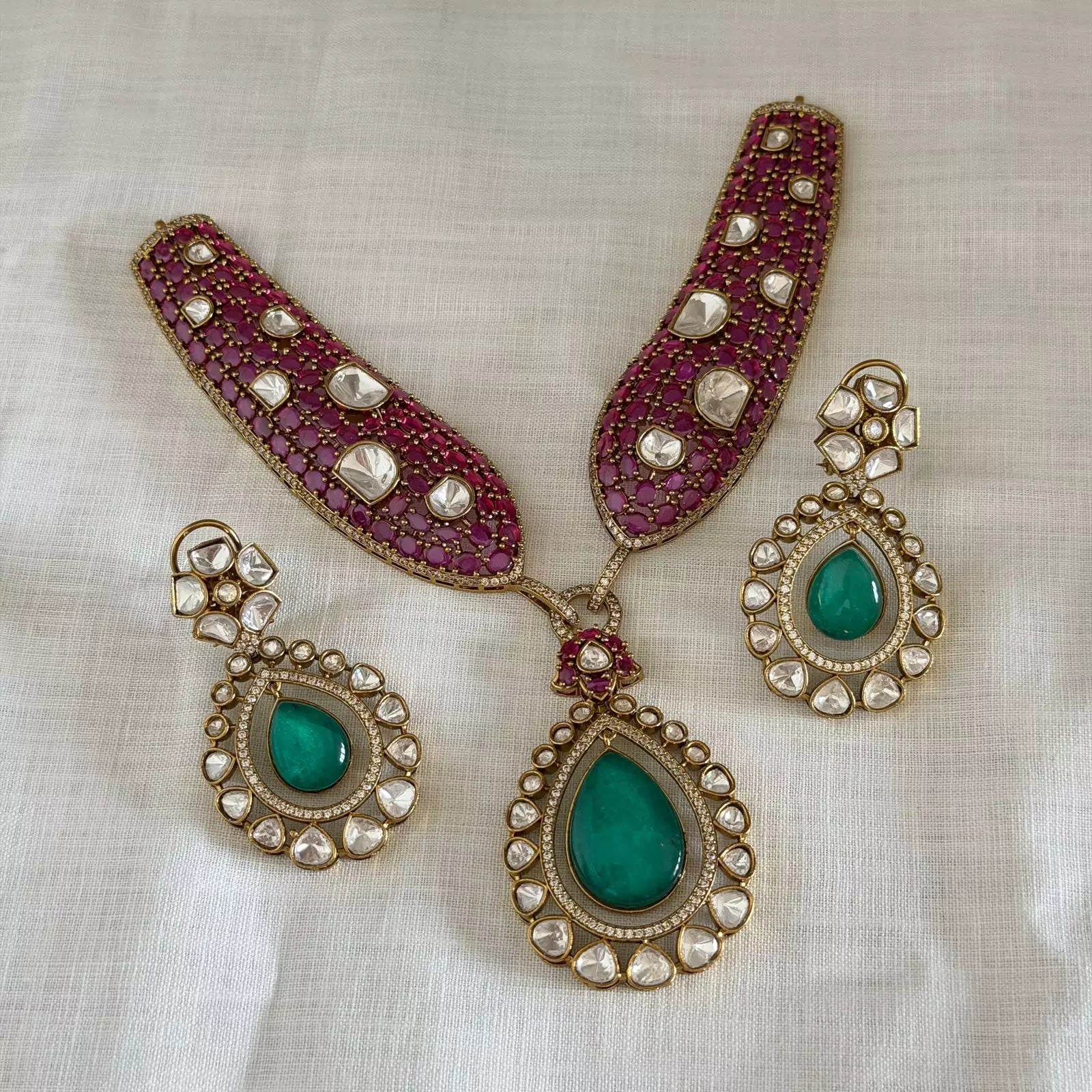 Victorian Ruby Polki Hasli Set For Occasion VN63
