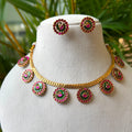 Antique Gold Peacock Medallion Drop Necklace Set – Ruby Pink & Emerald Kemp Multi-Pendant Choker with Matching Studs AN305