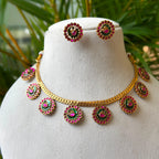 Antique Gold Peacock Medallion Drop Necklace Set – Ruby Pink & Emerald Kemp Multi-Pendant Choker with Matching Studs AN305