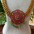 Antique Gold Grand Manga Haram Set with Big Circular Ruby Kemp Pendant – South Indian Bridal Long Mango Necklace with Earrings AH73