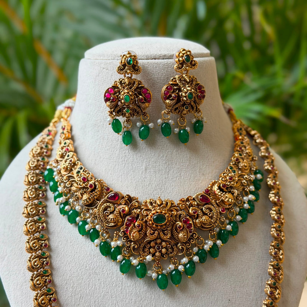 Antique Temple Bridal Combo Jewellery Set with Haram & Earrings – AC63