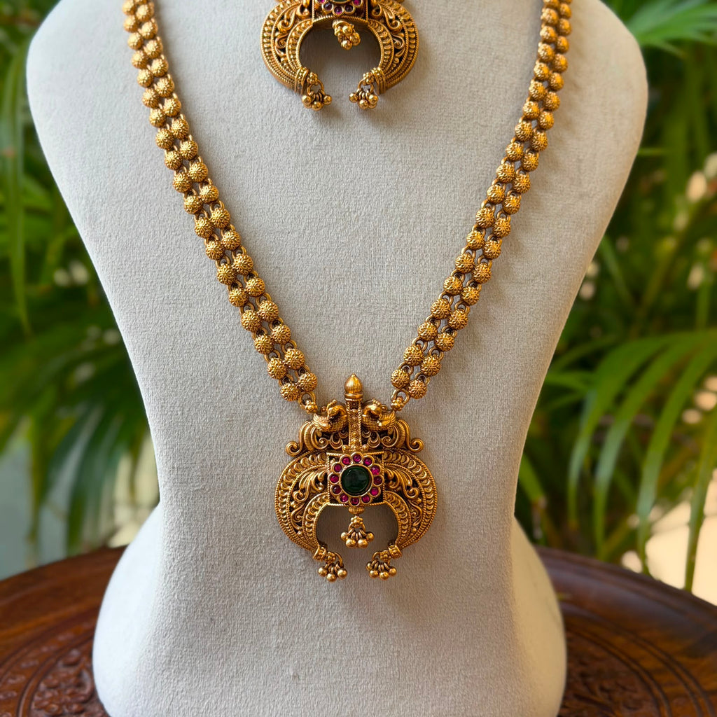 Antique Temple Bridal Combo Jewellery Set with Haram & Earrings – AC64