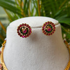 Antique Gold Peacock Medallion Drop Necklace Set – Ruby Pink & Emerald Kemp Multi-Pendant Choker with Matching Studs AN305