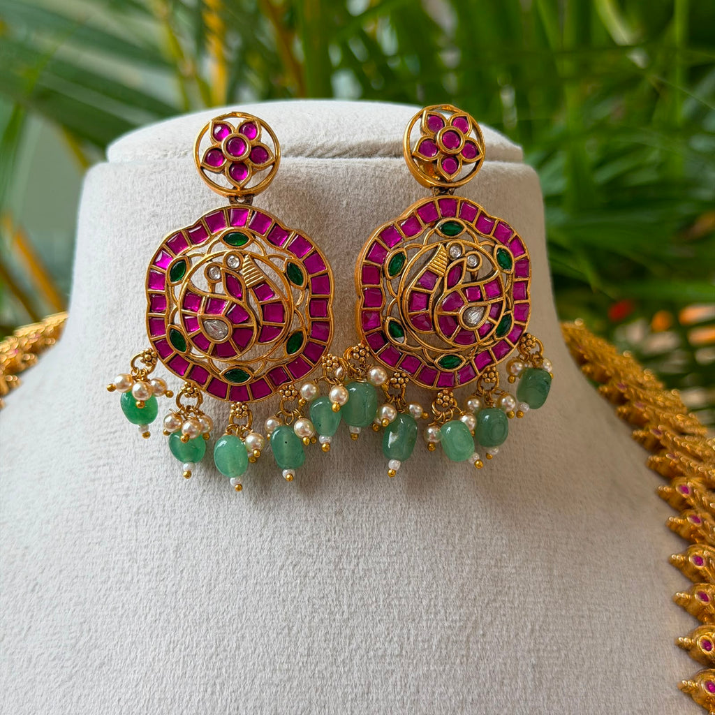 Antique Gold Grand Manga Haram Set with Big Circular Ruby Kemp Pendant – South Indian Bridal Long Mango Necklace with Earrings AH73