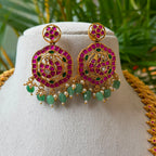 Antique Gold Grand Manga Haram Set with Big Circular Ruby Kemp Pendant – South Indian Bridal Long Mango Necklace with Earrings AH73