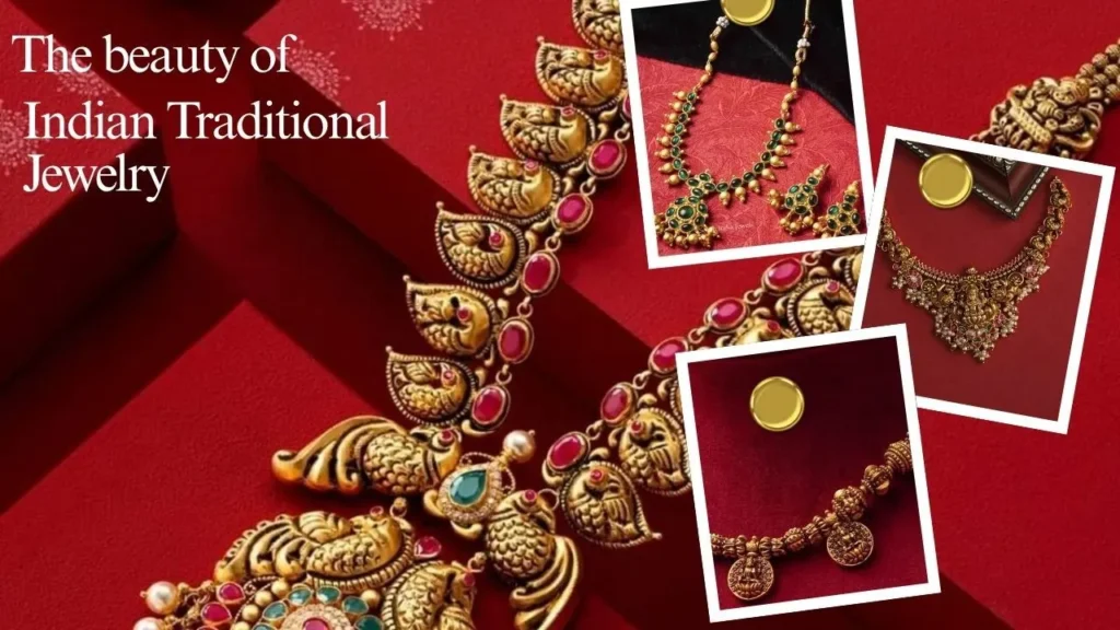southindian jewellery showcased in a rich background