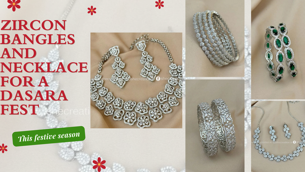 "Elegant zircon bangles and necklace set for Dasara festival celebration – featuring silver-toned floral designs, studded bangles, emerald stone bangles, and statement necklaces from She Creation, Mysore." Zircon Bangle, Zircon Necklace