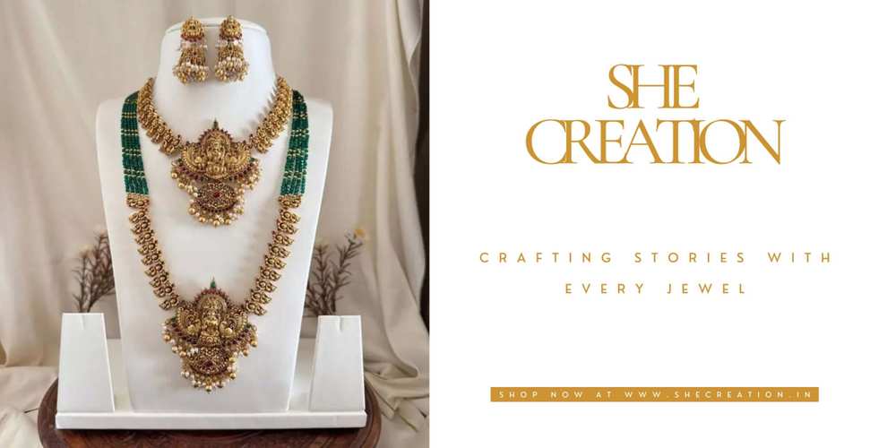 This picture features a stunning temple jewelry set with antique gold finish, goddess motifs, pearls, and gemstones, paired with matching earrings. Displayed elegantly, it reflects traditional South Indian craftsmanship. On the right, the brand SHE CREATION highlights its tagline “Crafting stories with every jewel” and invites shoppers online. antique india, temple jewellery sets with price, temple jewellery necklace online