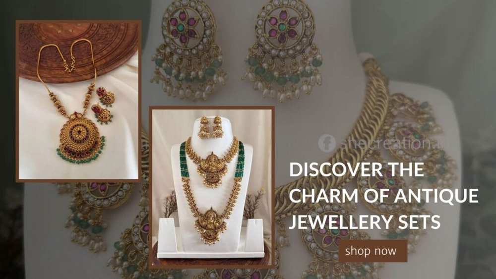 Antique jewellery banner showcasing intricately designed necklaces and earrings with traditional motifs and colorful gemstones, featuring text “Discover the Charm of Antique Jewellery Sets – Shop Now.”