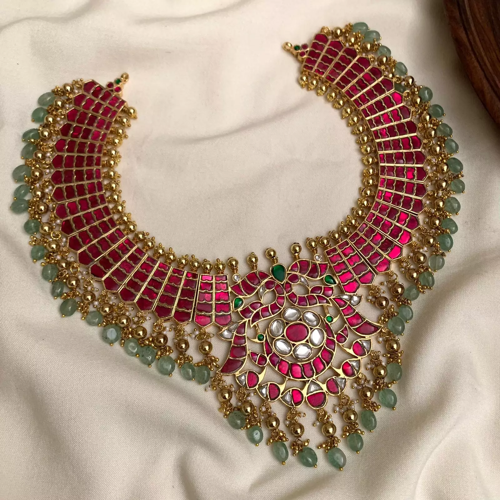 Majestic Full-Neck Kempu Statement Choker with Intricate Floral Centerpiece and Seafoam Green Beads