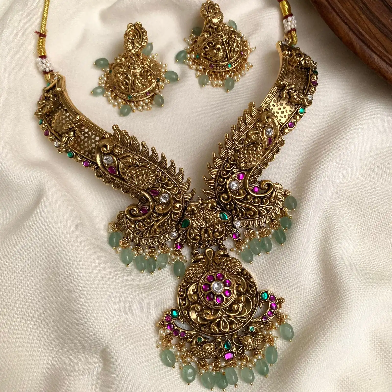 Antique Gold Peacock Temple Set with Crescent Chandbali Motifs SL3