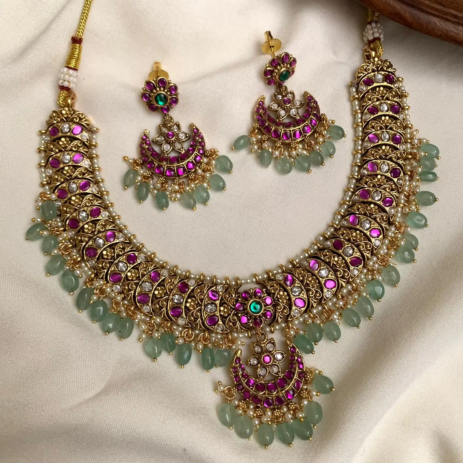 Traditional Kempu Mandala Choker with Pastel Green Bead Dangles