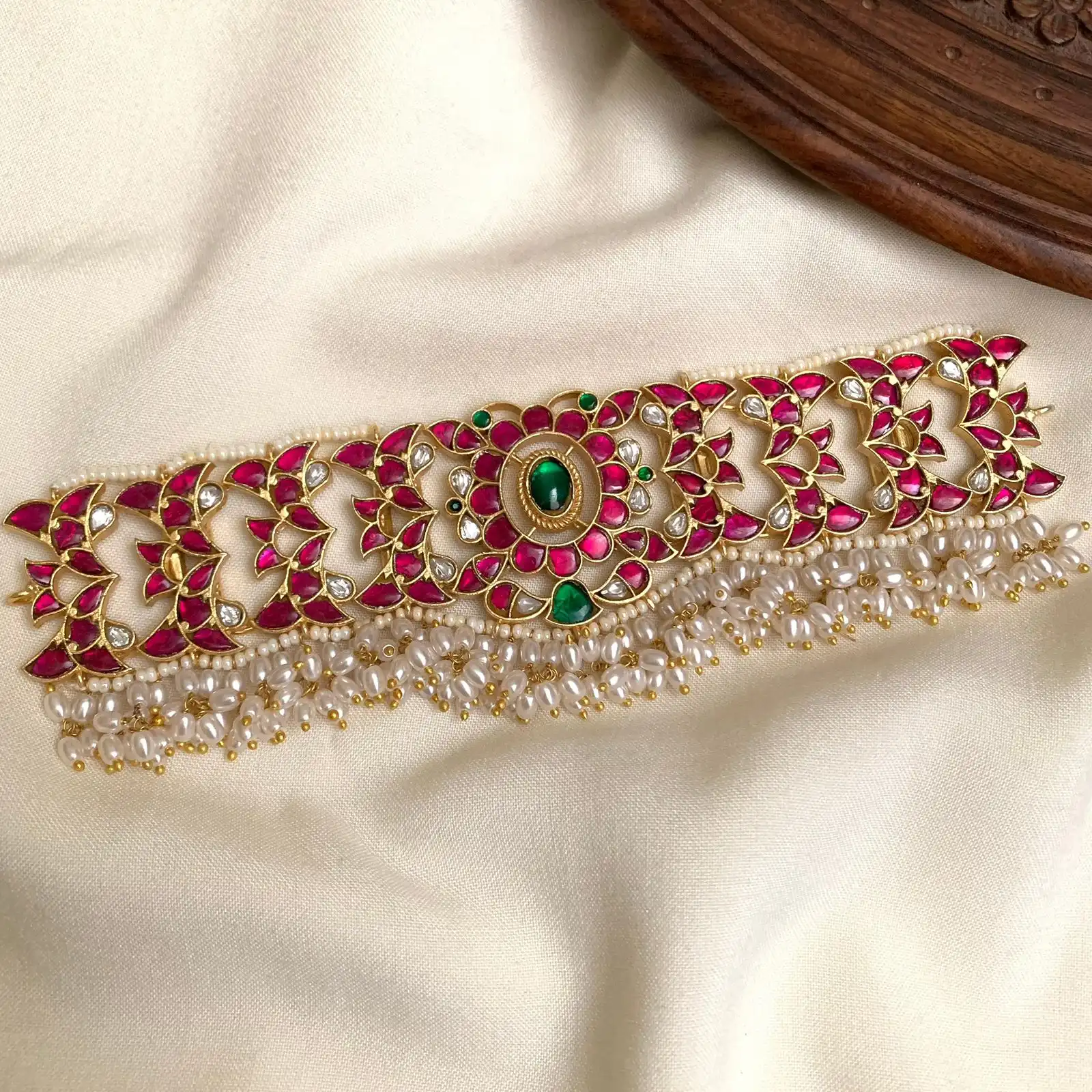 Elegant Three-Tiered Pearl Haram with Deep Emerald Teardrop Accents