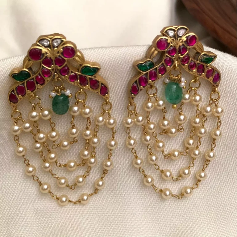 Antique Kempu Floral Earrings with Multi-Strand Pearl Chandbali