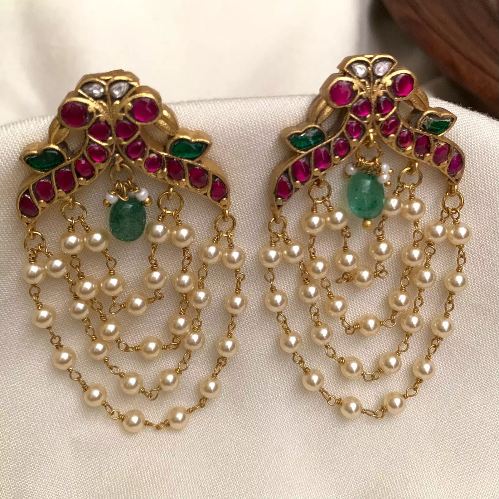 Antique Kempu Floral Earrings with Multi-Strand Pearl Chandbali
