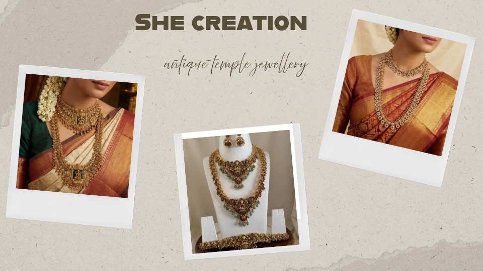 SHE Creation antique temple jewellery sets with layered gold necklacesandtraditional saree styling.authentic temple jewellery, temple jewellery necklace,emerald jewelry sets,kundan necklace set,peacock design jewellery set
