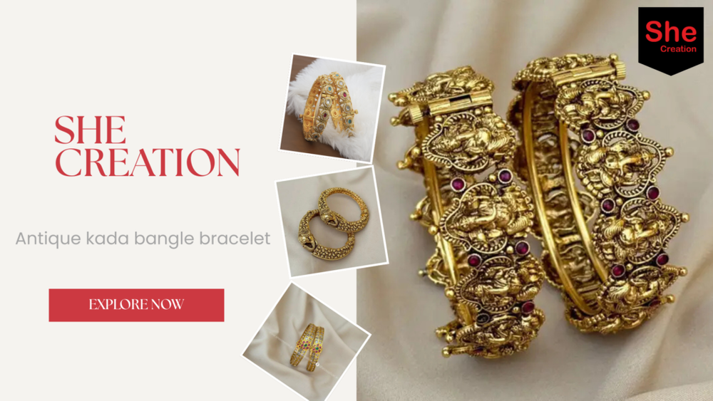 Antique gold kada bangle bracelets with intricate temple design motifs and red stone detailing, showcased on a soft beige background with She Creation branding and explore now call-to-action. vintage cartier bangle, antique brass bangle, antique snake bangle, vintage cartier bangle, edwardian bangle